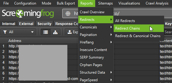 Screaming Frog interface showing the location of the redirect chain report