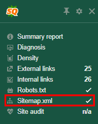 SEOquake interface highlighting the XML sitemap locator