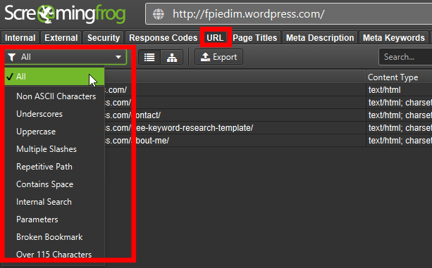 Screaming Frog URL report showing warnings and errors