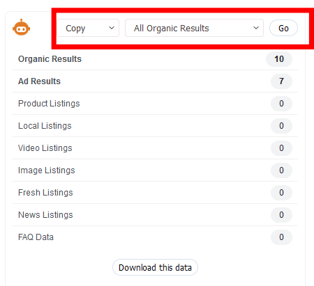 SEO Minion SERP interface showing the organic listings metadata export