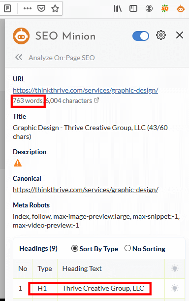 SEO Minion on-page analysis showing word count and heading tag