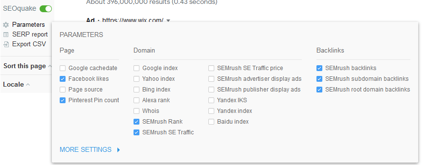 SEOquake report parameters