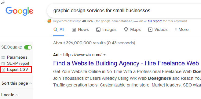 SEOquake SERP interface showing the "Export CSV" button