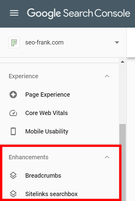 Google Search Console enhancements section showing structured data items