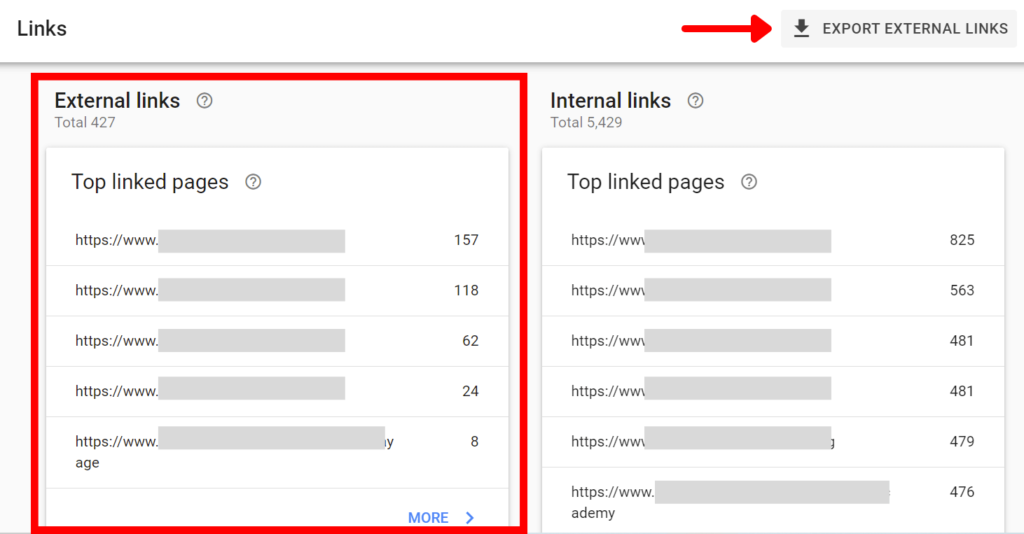 Google Search Console's links report showing external links section and export button