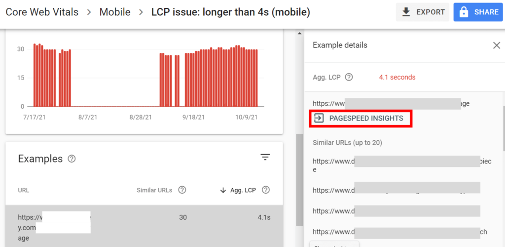 Google Search Console's core web vitals example report to fix errors with Page Speed Insights