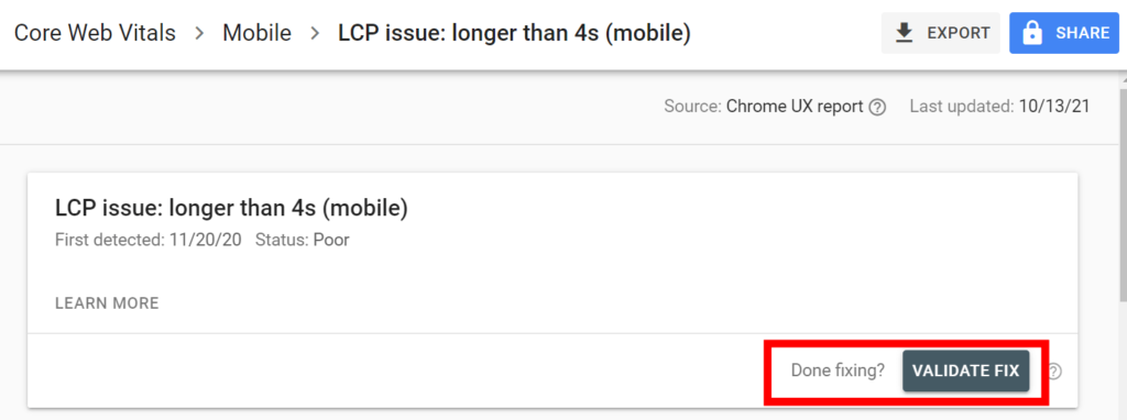 Google Search Console's core web vitals report showing the "validate fix" button