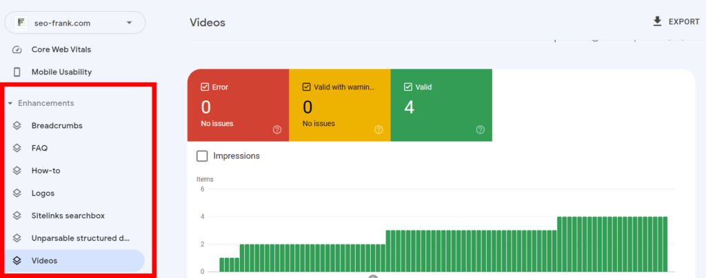 Google Search Console's enhancements report location