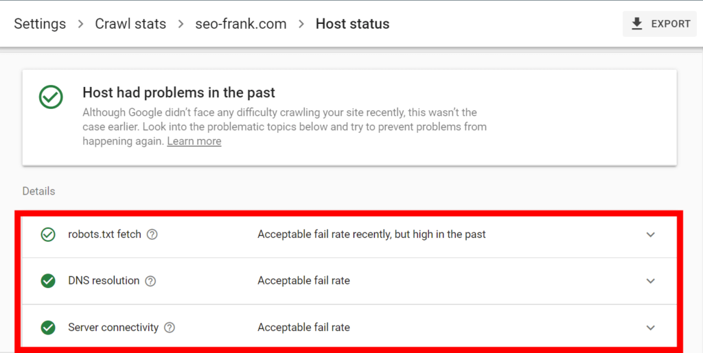 Google Search Console's host status details report