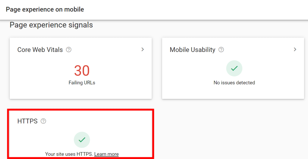 Google Search Console's page experience report showing the HTTPS status 