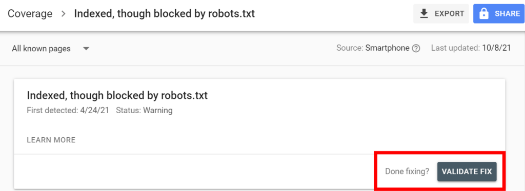 Google Search Console's index coverage report showing "validate fix" button