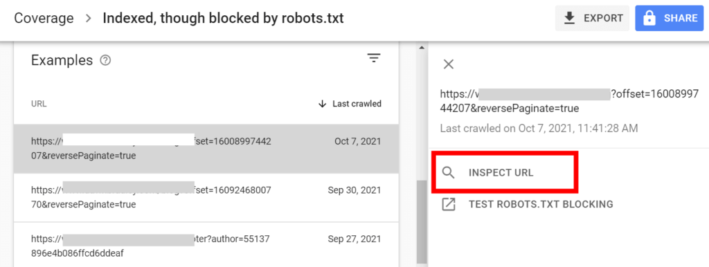 Google Search Console's index coverage report showing specific pages with errors or warnings