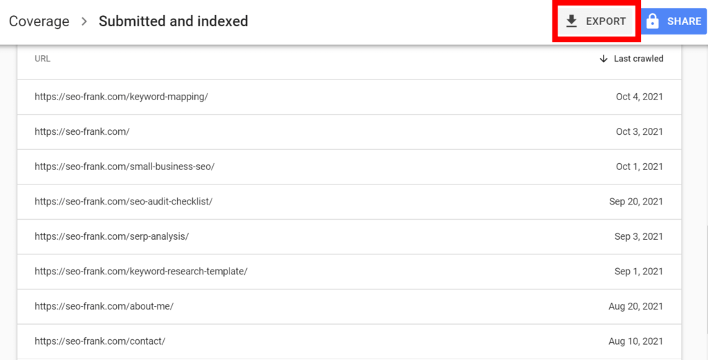 Google Search Console's index coverage report showing the "export" button