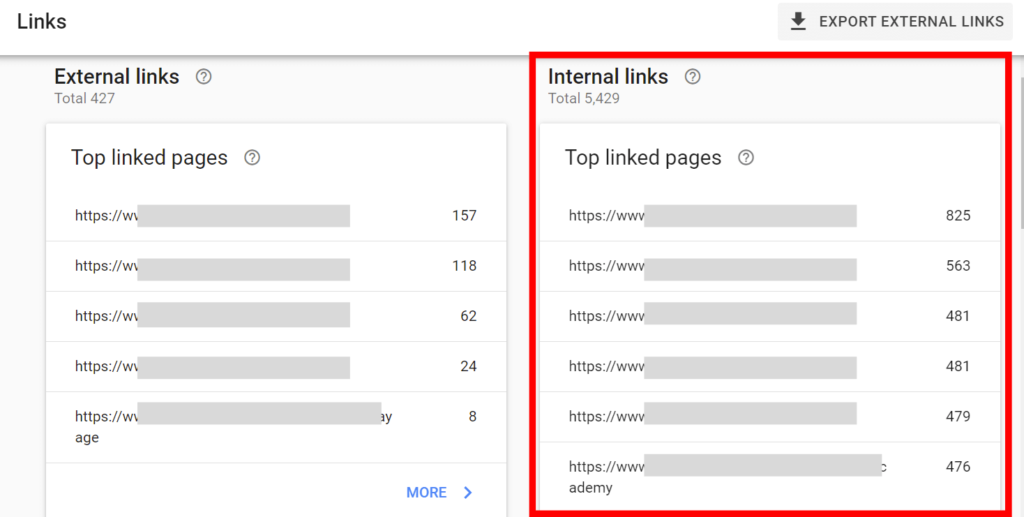 Google Search Console's links report showing the internal links section