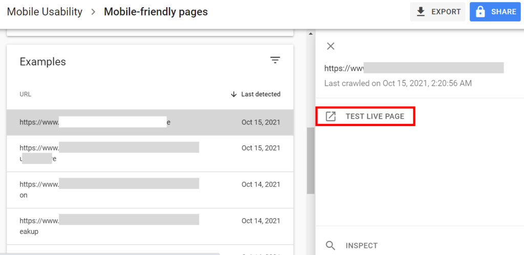 Google Search Console's mobile usability report showing page examples and how to access the mobile friendly test