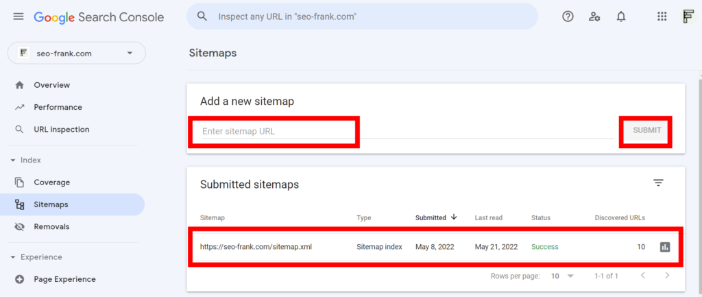 Sitemaps report in Google Search Console 