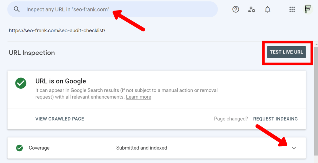 Google Search Console's URL inspection tool