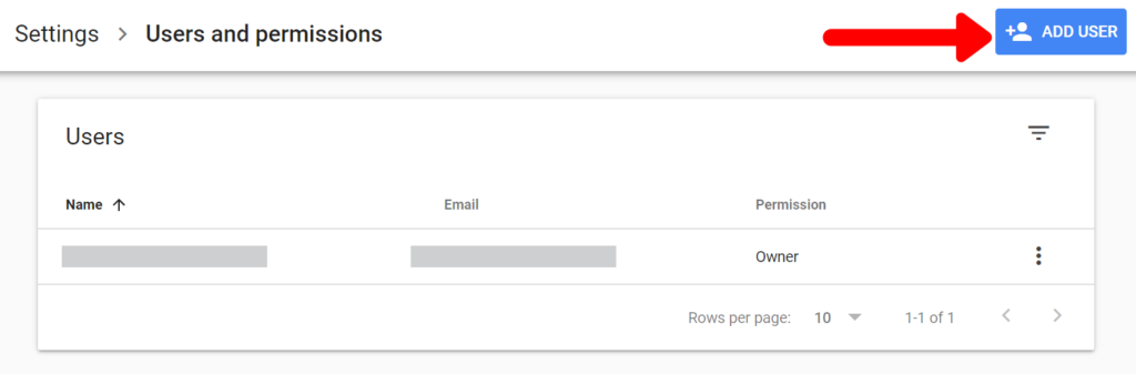 Google Search Console add a user button in the users and permissions section