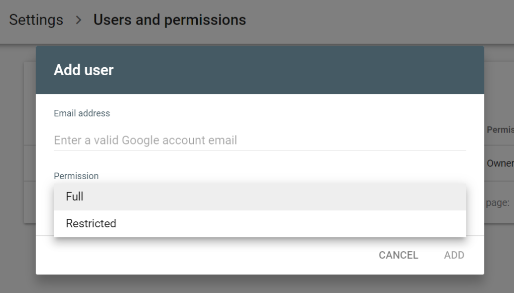 Google Search Console's email address input section and permission level selection