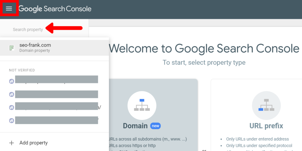 Google Search Console home page property list