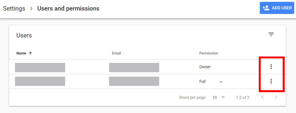Removing a user in the users and permissions section of Google Search Console