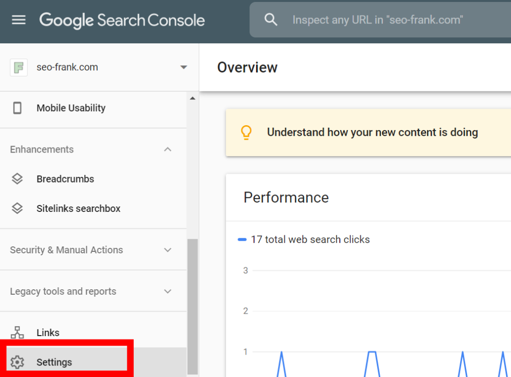 Google Search Console settings icon location