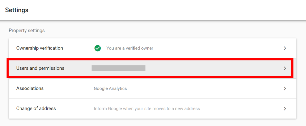 Google Search Console users and permissions section