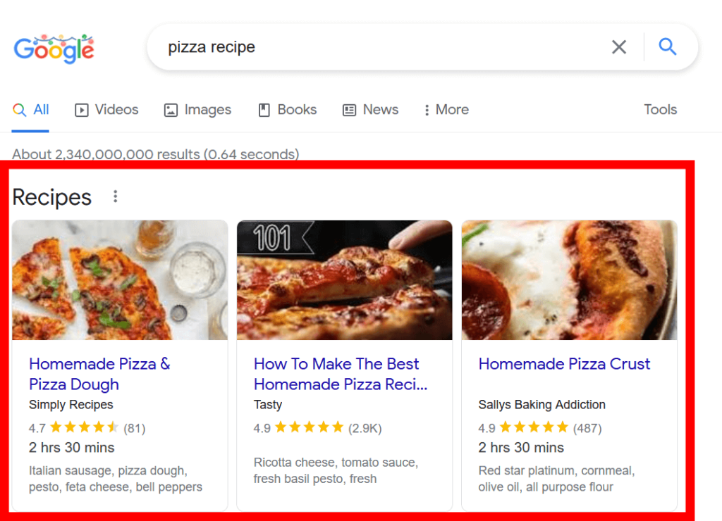 Google SERP with recipe rich results for the query "pizza recipe"