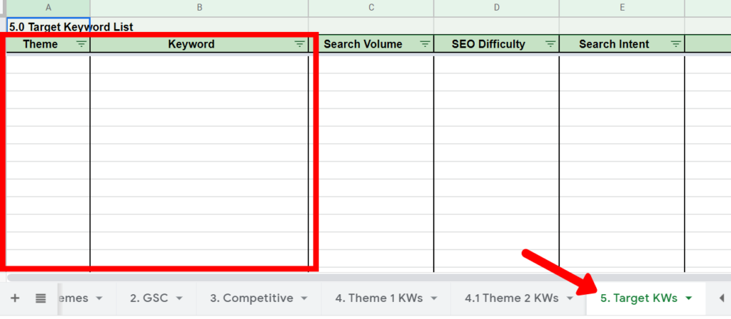 keyword research template screenshot showing the target keyword table
