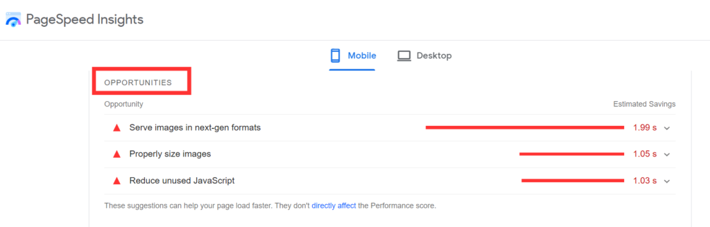 Google's Page Speed Insights opportunities section