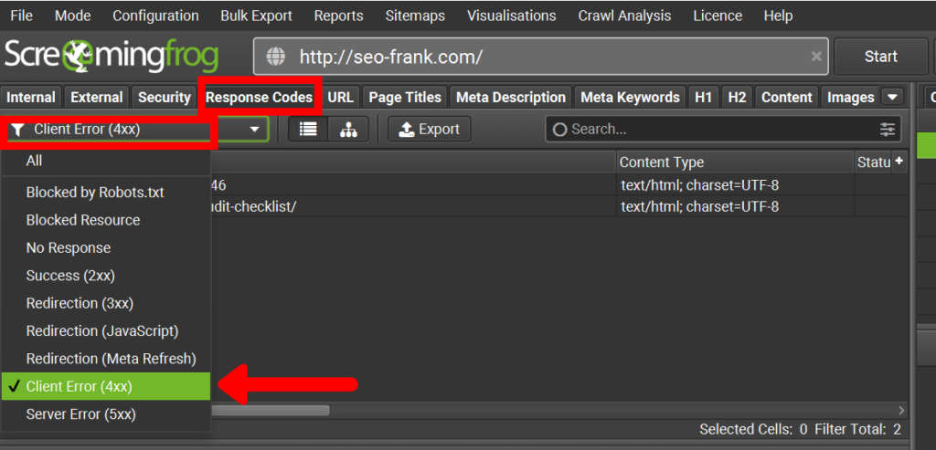 Screaming Frog's response codes report showing URLs with 4xx errors