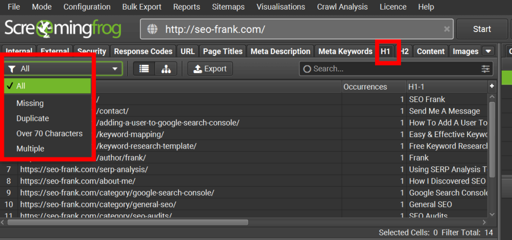 Screaming Frog's h1 heading tag report 