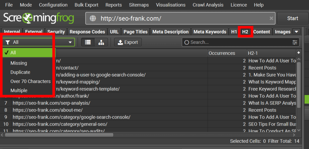 Screaming Frog's h2 heading tag report 