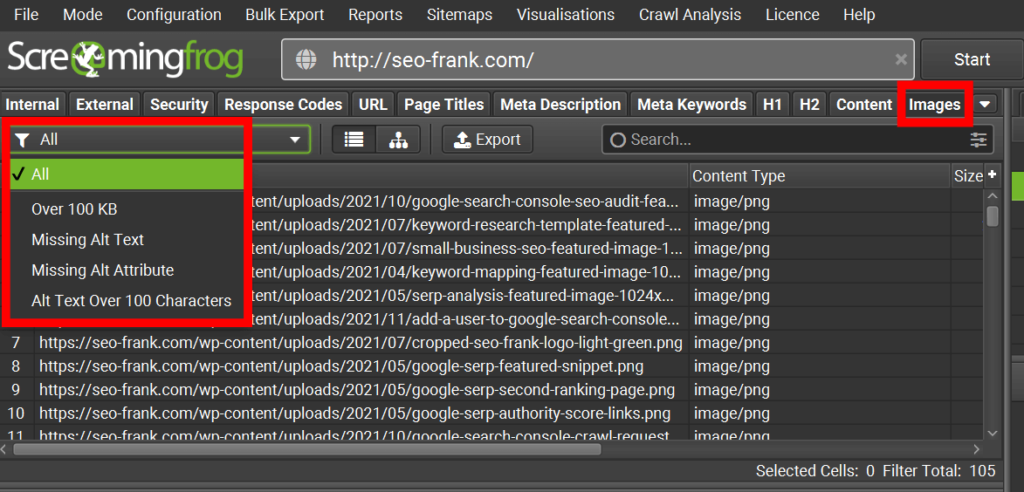 Screaming Frog's image report
