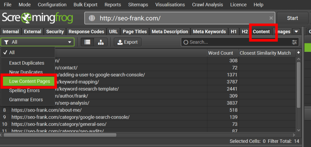 Screaming Frog's content tab highlighting the low content pages report