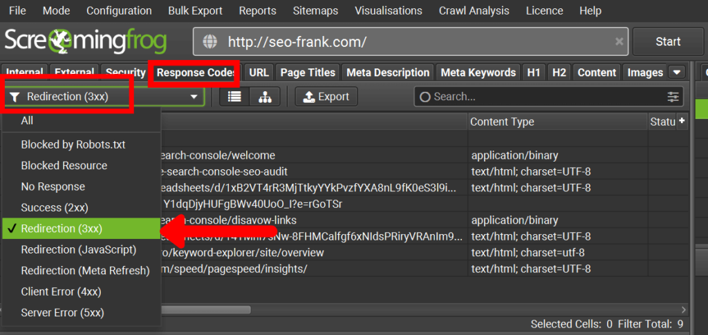 Screaming Frog's response codes report showing URLs with 3xx redirects
