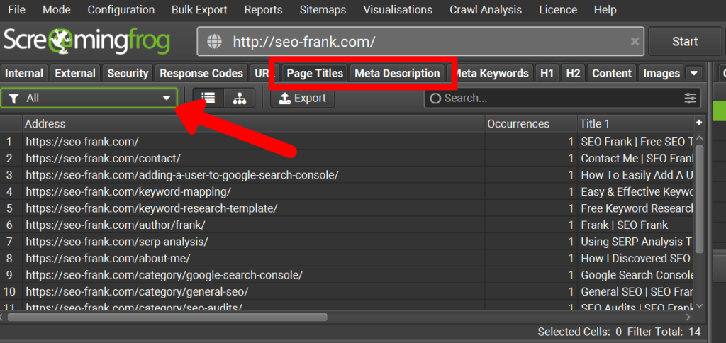 Screaming Frog's page title and meta description tabs