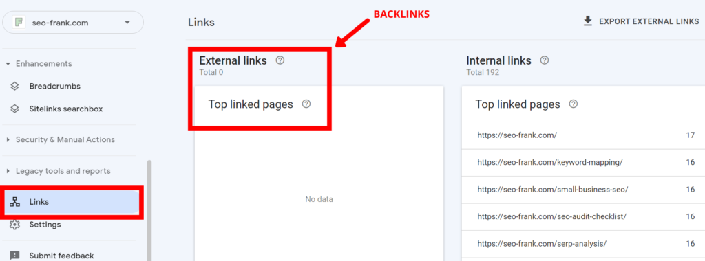 Google Search Console's links report highlighting the external links section