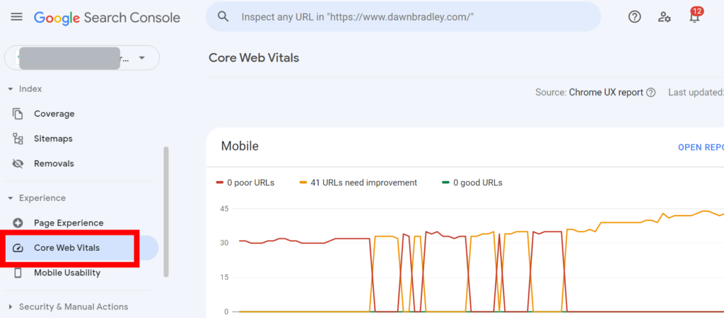 Google Search Console's core web vitals report