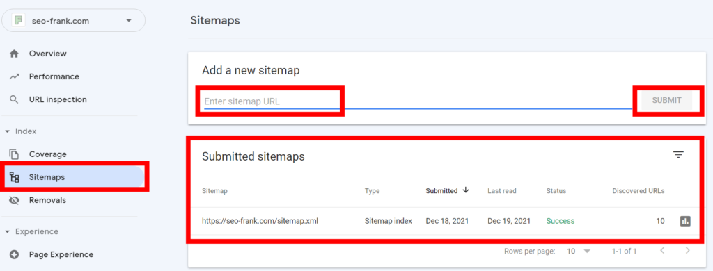 Google Search Console's xml sitemap submission tool