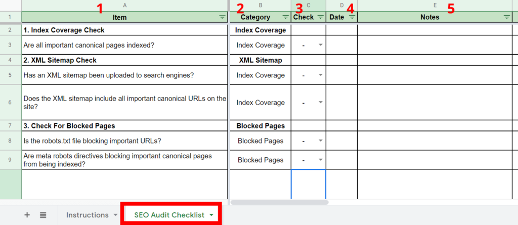 SEO audit checklist screenshot showing the item, category, check, date and notes columns