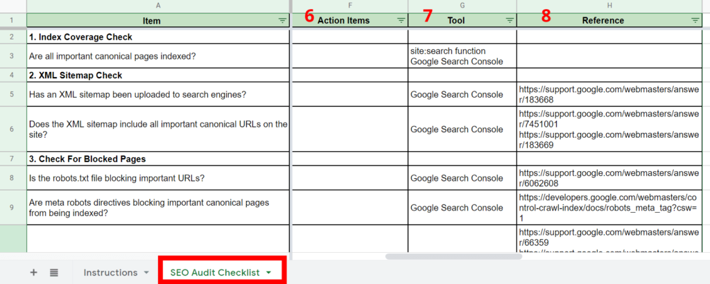 SEO audit checklist screenshot showing the item, action items, tool and reference columns