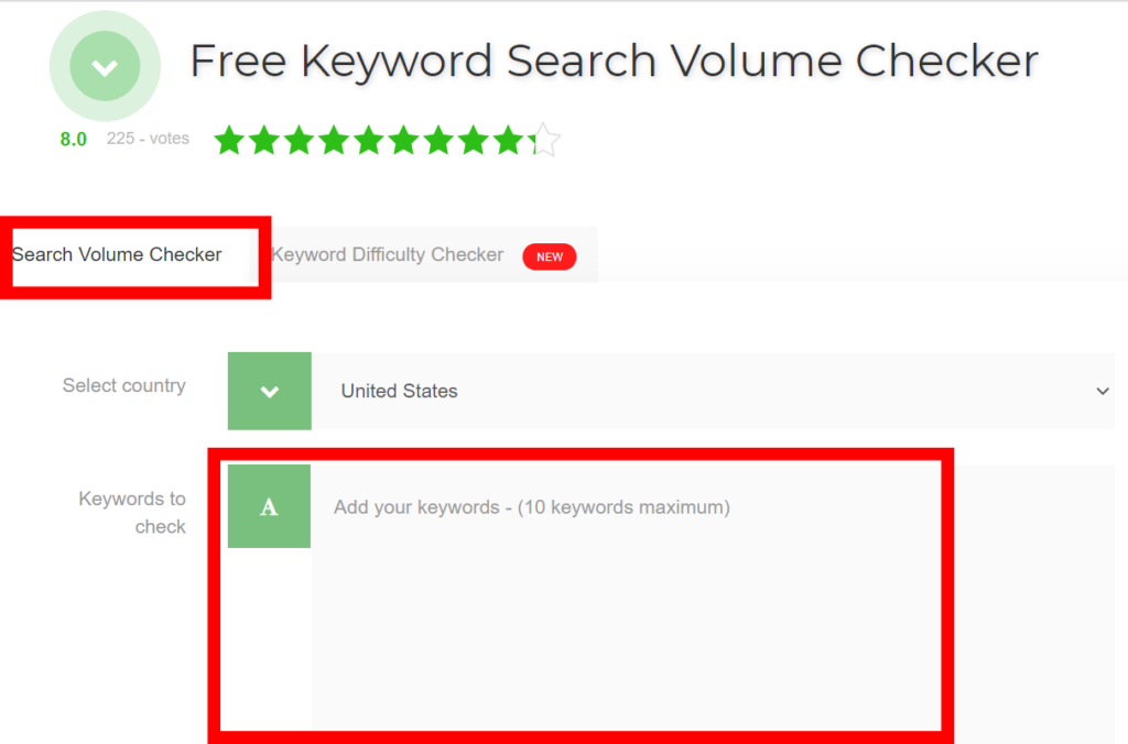 SEO Review Tool's search volume checker interface