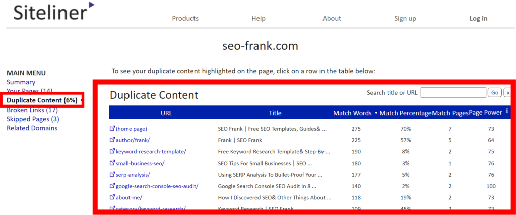 Siteliner's duplicate content results summary for seo-frank.com