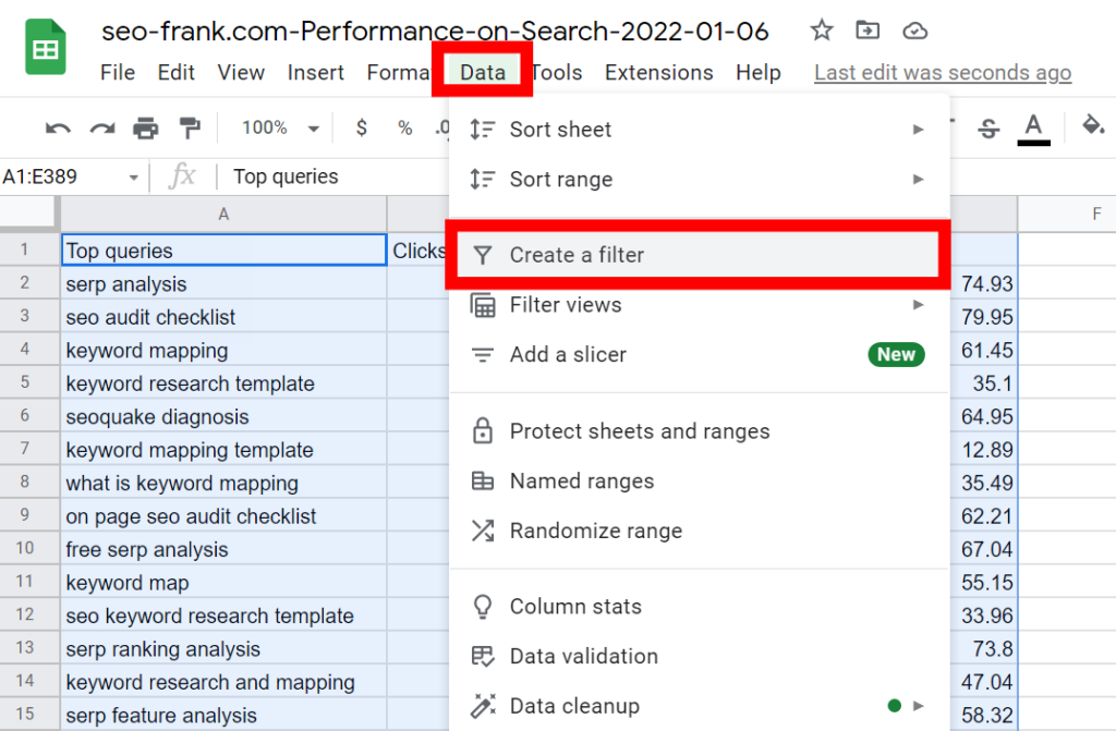 how to create a filter in Google Sheets for your keyword data table