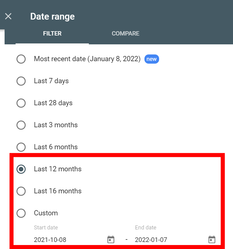 search performance report date range filter showing various time periods to select