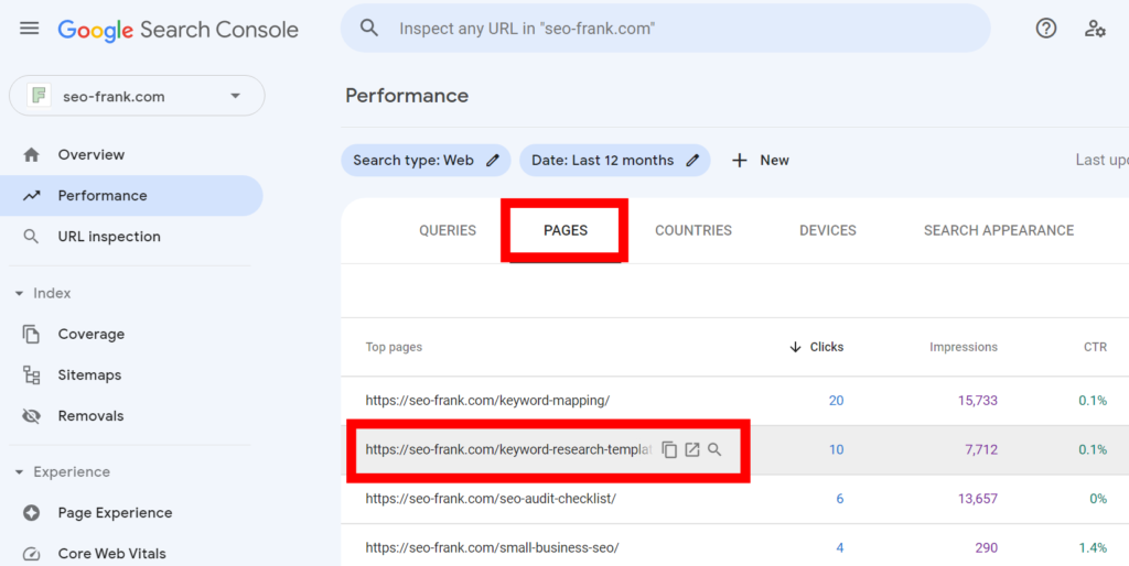 Google Search Console's search performance report highlighting the "pages" tab