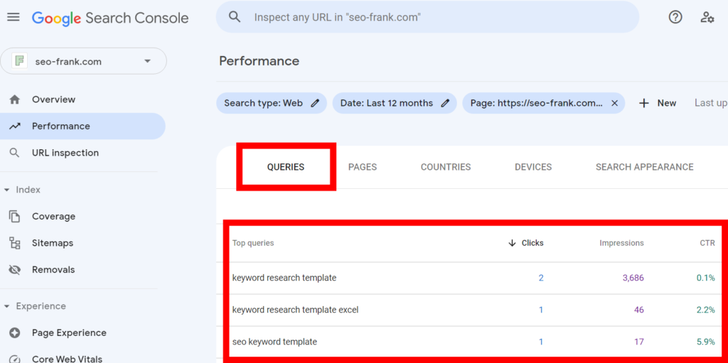 Google Search Console's search performance report highlighting the "queries" tab for a specific page