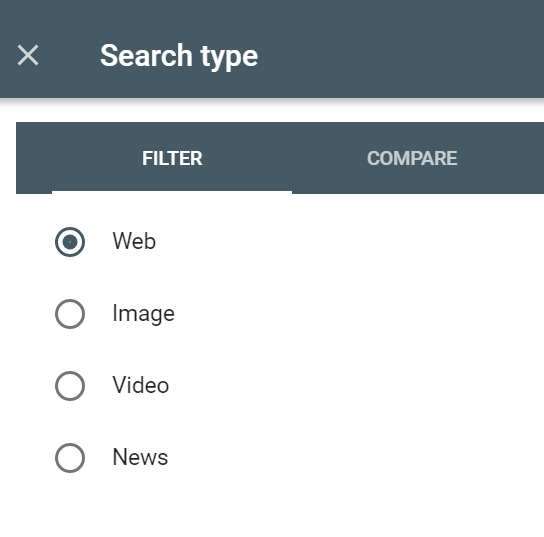 Google Search Console's search performance report search type filter showing "Web", "Image", "Video" and "News" filters