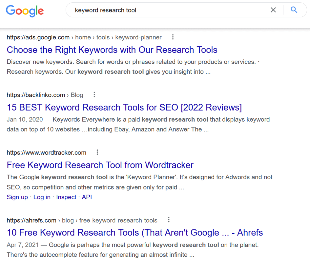 Google organic serp results for "keyword research tool"
